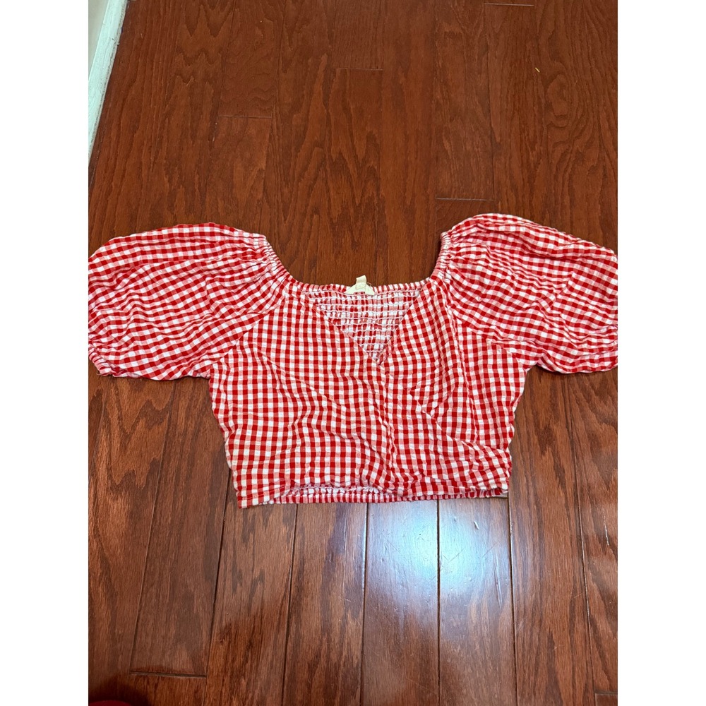 Sim & Sam Red Gingham Puff Sleeve Crop Top Smocked Back‎ Surplice Blouse Small